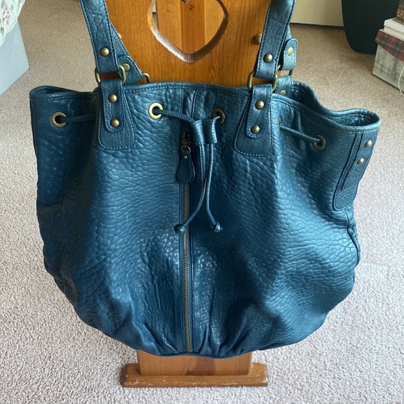 Nordstrom’s all weather sturdy leather, teal colored extra large tote handbag. - Picture 9 of 11